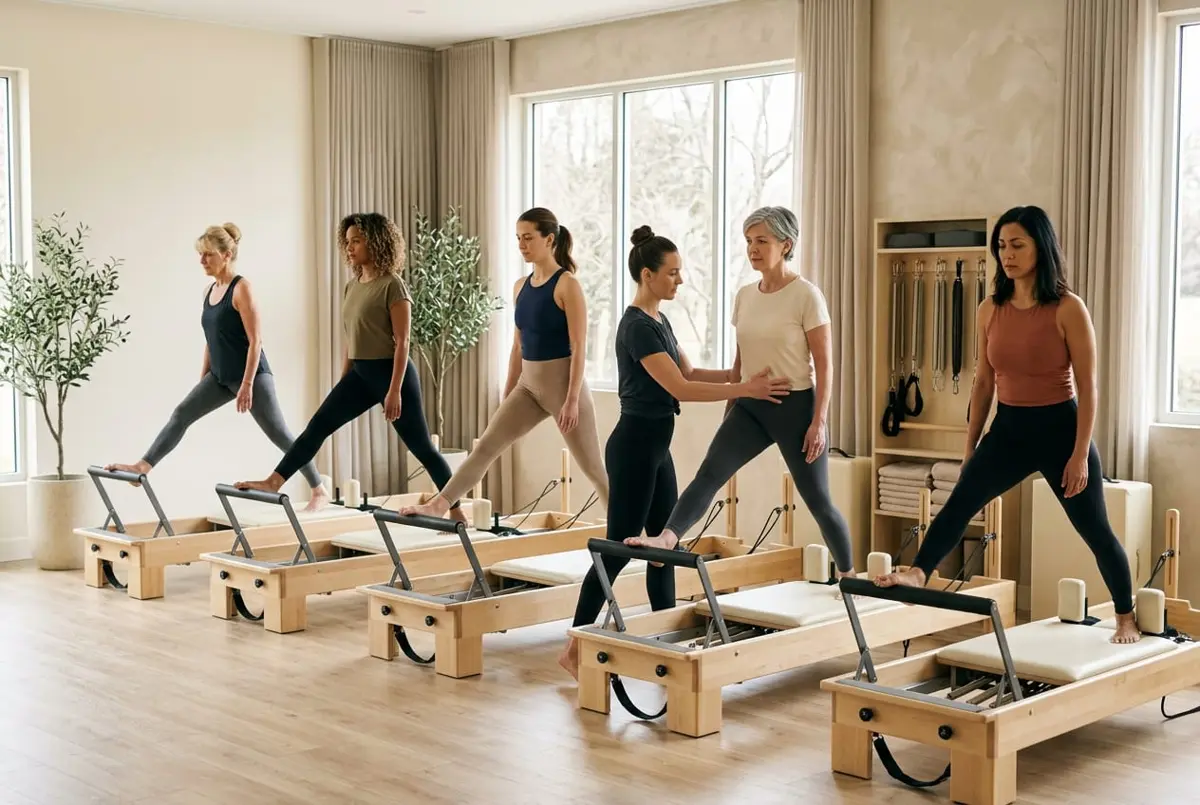 Grup restrâns de femei la o clasă ghidată de Pilates Reformer