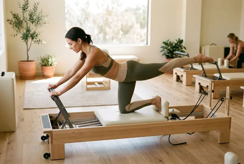 Exercițiu pentru fesieri din genunchi pe Pilates Reformer