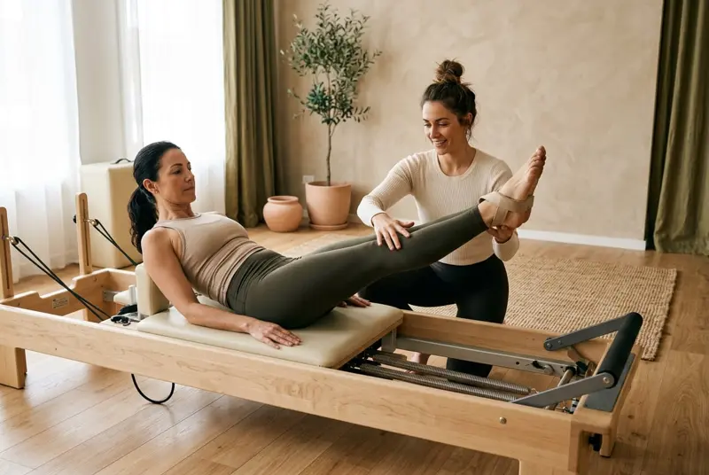 Exercițiu controlat pe Pilates Reformer, ghidat de instructoare